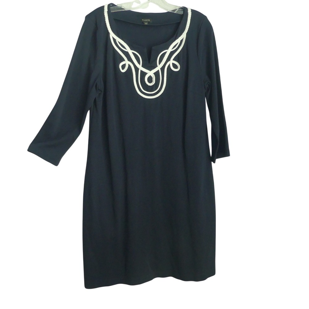 Talbots Navy Cotton Rope Embroidered Shift Dress Sz L Office Preppy Nautical